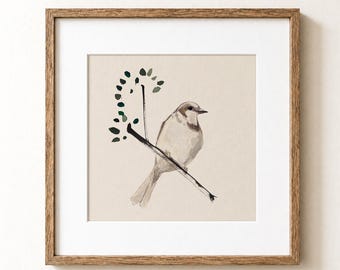 Minimalist Bird Wall Art Print, Neutral Sparrow Watercolor, Scandinavian Nature Decor