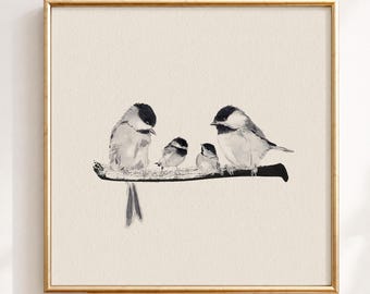 Four Birds Wall Art, Bird Family Print, Minimal Watercolor on Branch, Neutral Nature Decor, Chickadee
