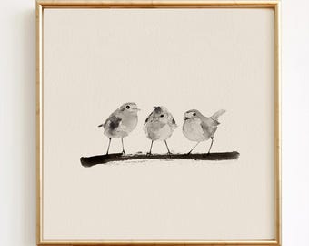 Three Robins Kindred – Minimalist Bird Art Print, Watercolor Ink Pencil, Family of Three Wall Art, Neutral Decor