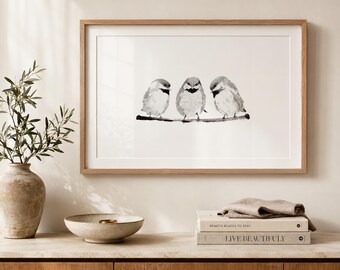 Bird Trio Wall Art | Three Chickadees Print | Black and White Horizontal Decor