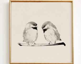 Bird Wall Art, Two Little Chickadees, Minimal Bird Print