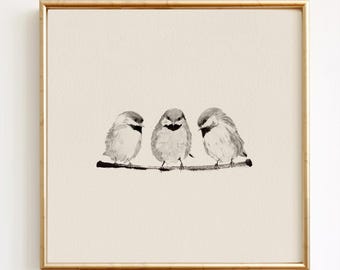 Bird Trio Wall Art, Three Chickadees, Minimalist Neutral Decor, Watercolor Print, Unframed