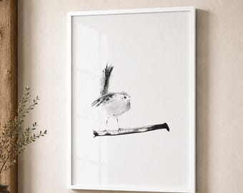 Single Bird Wall Art, Minimalist Black and White Bird Print, Ink Watercolor Illustration
