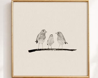 Family of Three Bird Print, Minimalist Robin Wall Art