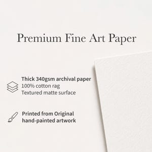 May include: Premium Fine Art Paper with a white, textured matte surface. The text specifies thick 340gsm archival paper made of 100% cotton rag. A small icon of stacked paper and a paintbrush are present, noting it is printed from original hand-painted artwork.