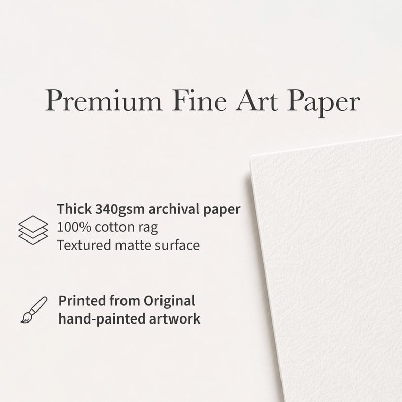 May include: Premium Fine Art Paper with a white, textured matte surface. The text specifies thick 340gsm archival paper made of 100% cotton rag. A small icon of stacked paper and a paintbrush are present, noting it is printed from original hand-painted artwork.