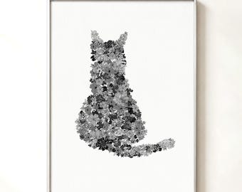 Cat in Bloom I – Black and White Floral Cat Art Print, Minimalist Cat Wall Art