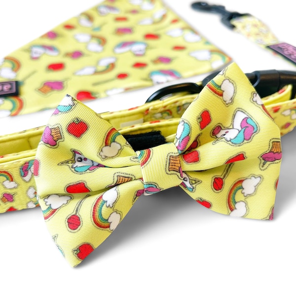 PUPCAKES AND RAINBOWS Dog Bow Tie - Quick Fastening - Unicorn Design Dog Bow Tie - Quality Dog Accessories