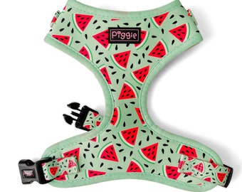 May include: A green dog harness with a watermelon print. The harness has a black adjustable buckle and the text "Piggie" on the front.