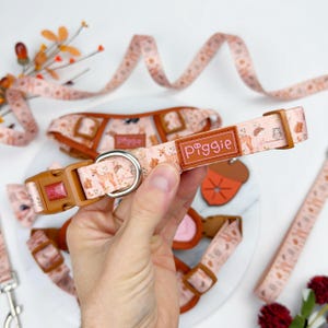 May include: A pink dog collar with a woodland animal design, featuring deer, owls, and squirrels. The collar has a brown buckle and a leather tag that says "piggies". Other matching accessories are visible.
