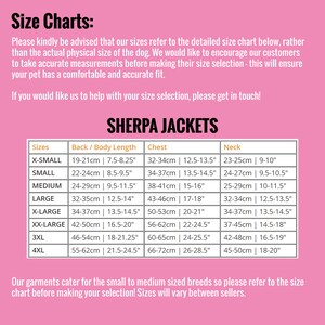 Pode incluir: Tabela de tamanhos para jaquetas de sherpa para c&atilde;es. A tabela mostra os tamanhos do XS ao 4XL com medidas em polegadas e cent&iacute;metros para o comprimento das costas, o peito e o pesco&ccedil;o.