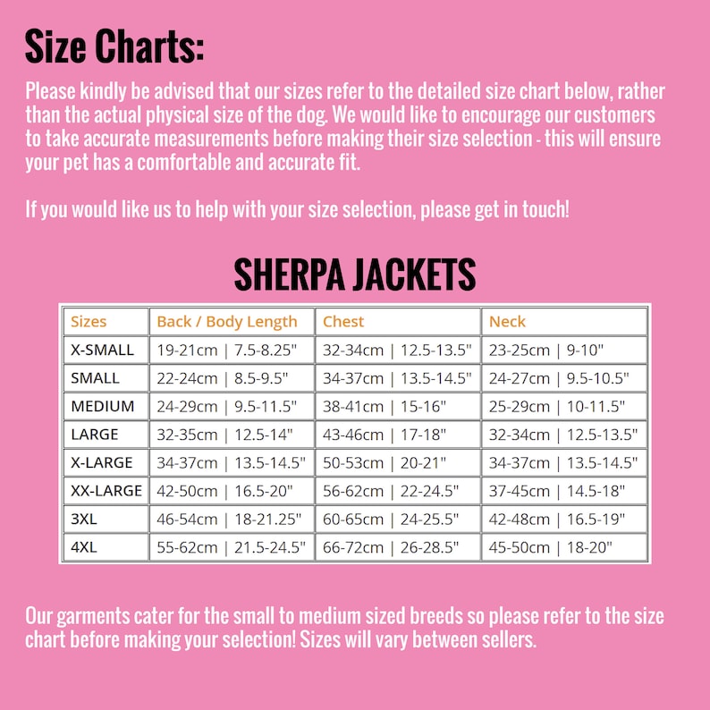 Pode incluir: Tabela de tamanhos para jaquetas de sherpa para c&atilde;es. A tabela mostra os tamanhos do XS ao 4XL com medidas em polegadas e cent&iacute;metros para o comprimento das costas, o peito e o pesco&ccedil;o.