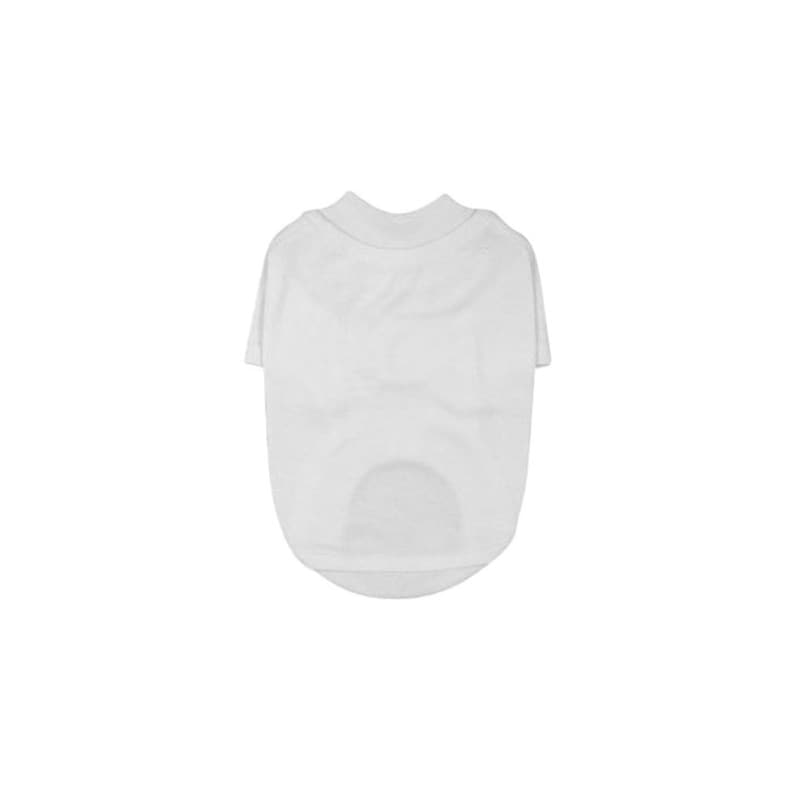 May include: A plain white dog t-shirt with a crew neck and short sleeves.
