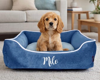 Personalised Dog Bed: LUXE Blue VELVET Luxury Dog Bed, Machine Washable, Custom Pet Bed, Dog Gift, Premium Dog Bed with Plush Fleece Base