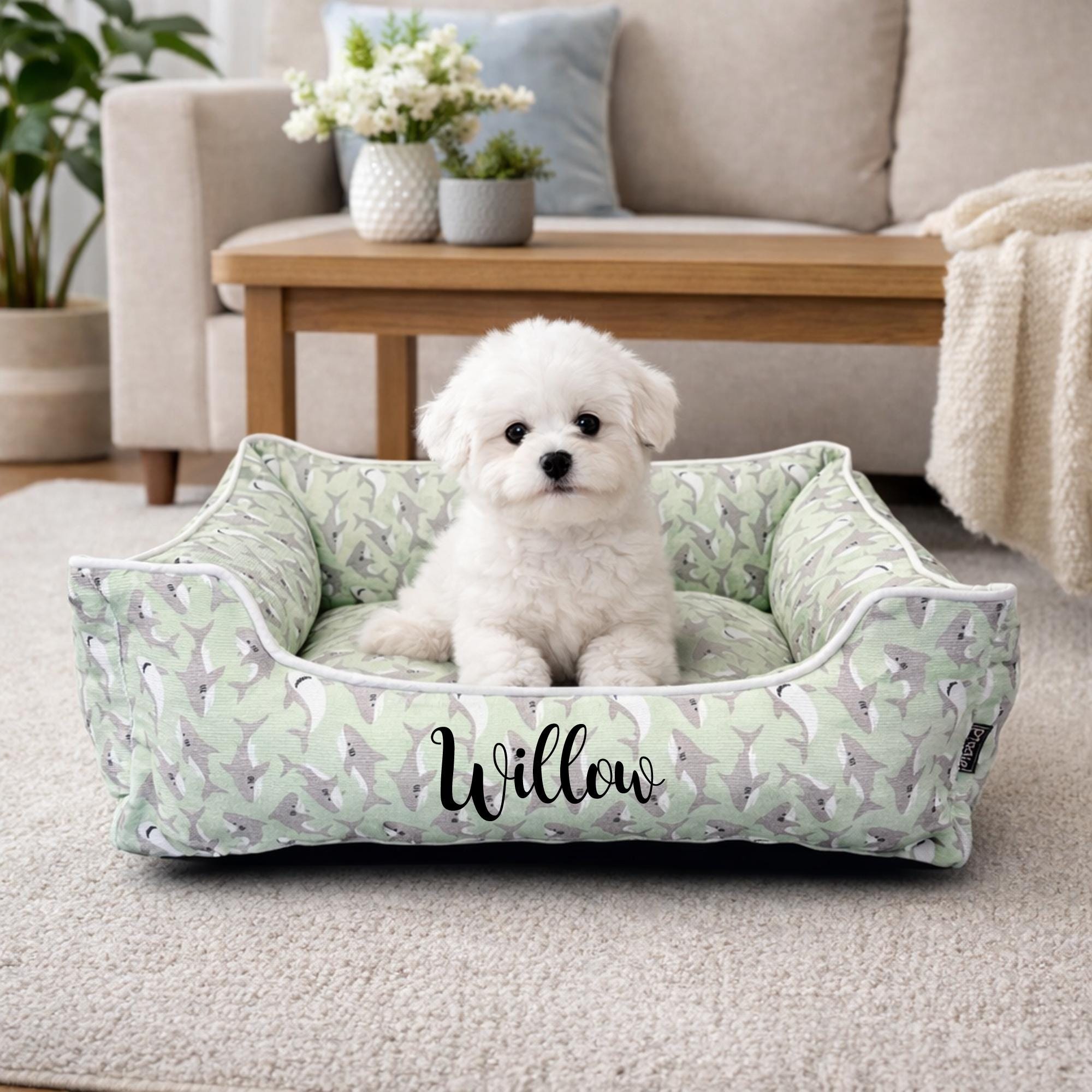名入れ犬用ベッド：LUXEグレーベルベット高級犬用ベッド（名前入り