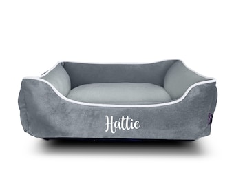 Personalised Grey Velvet Dog Bed: Luxury Pet Bedding, Customised With Any Name, Machine Washable, Dog Gift, Plush Fleece Base