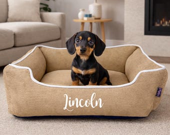 Personalised Dog Bed: LUXURY Beige Corduroy Dog Bed, Small to Medium Sized Dogs, Machine Washable, Custom Pet Bed