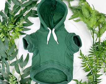 Puede incluir: Una sudadera con capucha verde oscuro para perros, con capucha y cordones blancos. La sudadera tiene mangas cortas y un dobladillo y puños acanalados. La prenda se exhibe sobre una superficie blanca rodeada de follaje verde.