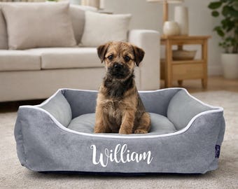 Personalised Dog Bed: LUXE Grey VELVET Luxury Dog Bed with Name, Machine Washable, Pet Bed, Dog Gift, Premium Dog Bed, Plush Fleece Base