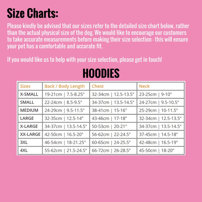 May include: Size chart for dog hoodies, showing measurements in inches and centimeters for back length, chest, and neck. Sizes range from X-Small to 4XL.