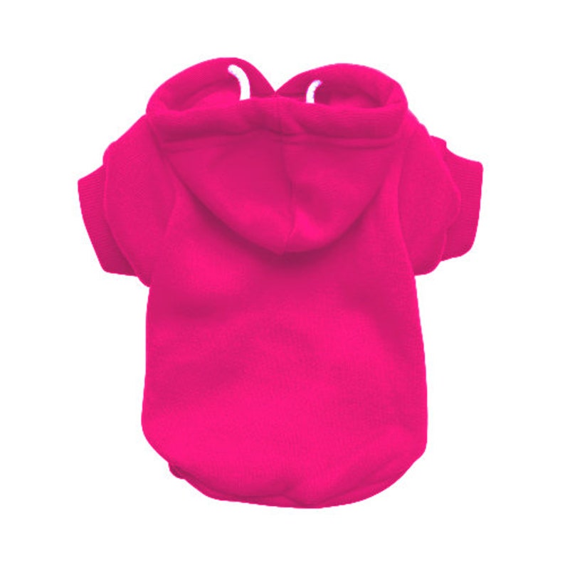 May include: A bright pink hooded sweatshirt for a small dog. The sweatshirt has short sleeves and a drawstring hood.
