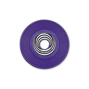 May include: Purple vinyl record pin with a black and white spiral design and the word "PARANOID" in white text.
