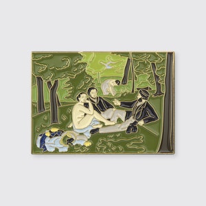 May include: A green enamel pin depicting a famous painting of a group of people having a picnic in a forest. The pin features a woman sitting on a blanket, a man sitting next to her, and another man sitting in the background. The pin is a great way to show your love for art.