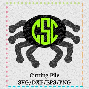 May include: Black spider silhouette with a green monogram in the center. The monogram is the letters CSC. Cutting file SVG/DXF/EPS/PNG.