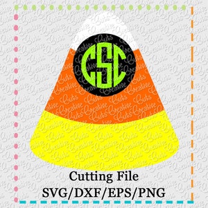 May include: A digital cut file of a candy corn with a black and green monogram in the centre. The text "Cutting File" and "SVG/DXF/EPS/PNG" is below the image.