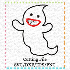 Puede incluir: Un fantasma blanco con un contorno negro y una gran sonrisa roja con tirantes negros. El fantasma tiene dos ojos negros y está saludando con su brazo izquierdo. El texto "Cutting File SVG/DXF/EPS/PNG" está debajo del fantasma.