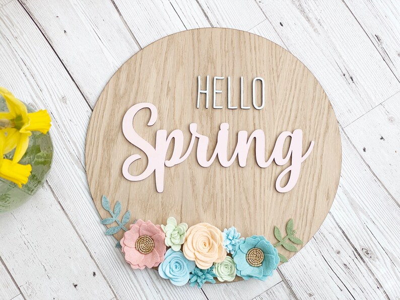 Spring Wall Art Wall Plaque Home Decor Felt Flowers Oak Etsy