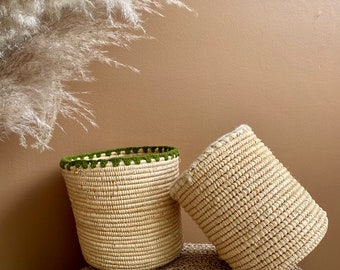 Raffia and wool basket