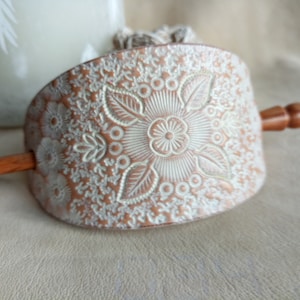 Leather Barrette and Olive Stick- Hand Stamped, Tooled and Stained - Hair Barrette with Wood Stick