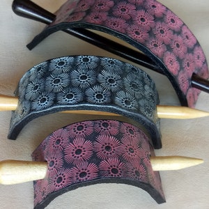 Handmade Leather Hair Stick Barrette,  Stamped Flower Design Real Leather Hair Pin for Women and Girl, More Sizes