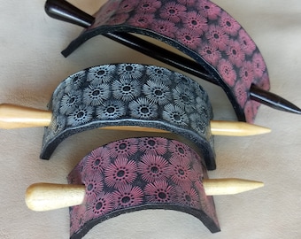 Handmade Leather Hair Stick Barrette,  Stamped Flower Design Real Leather Hair Pin for Women and Girl, More Sizes