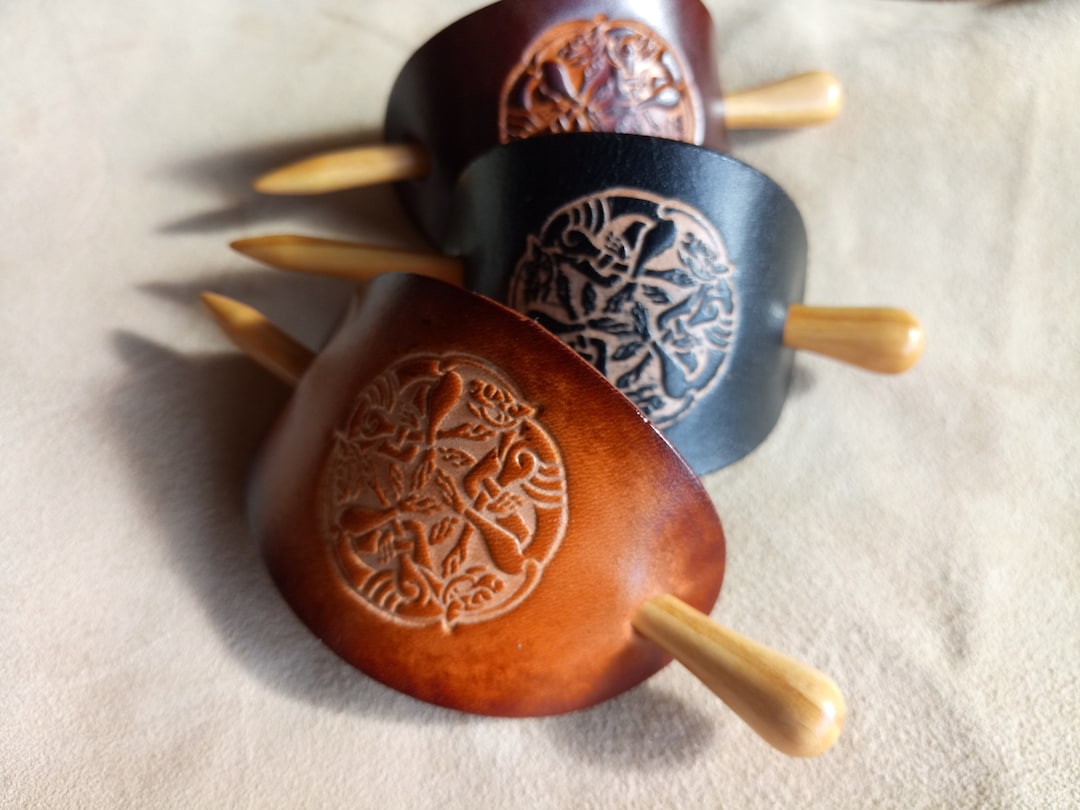 Leather Hair Barrette With Celtic Design and Olive Wood Stick - Etsy
