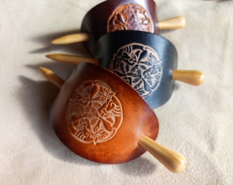 Leather Hair Barrette with Celtic Design and Olive Wood Stick