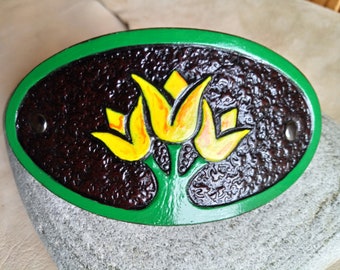Handmade Leather French Hair Barrette, Hand Tooled and Painted Leather Hair Clip with Tulip Pattern
