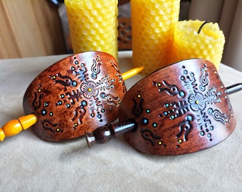 Handmade Tooled Leather Hair Barrette with Turned Wood Stick