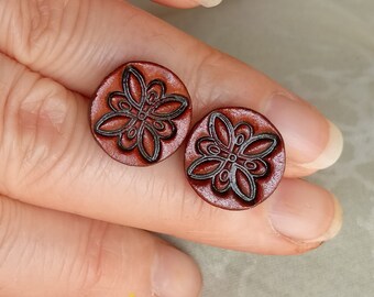 Bohemian Leather Stud Earrings With a Hypoallergenic Post. Hand Stamped Round Earrings