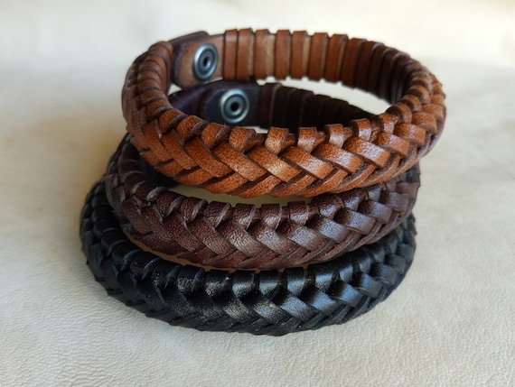 Hand Braided Leather Cuff Bracelet, Custom Snap Closure