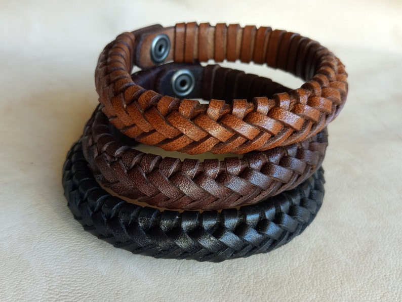 Hand Braided Leather Bracelet Cuff for Men and Women, Custom Leather Bracelet image 1