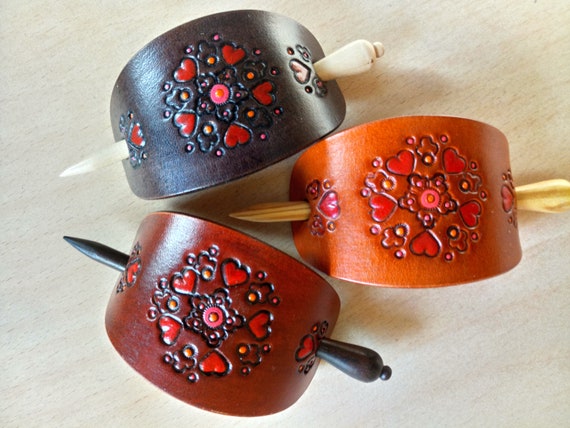 Hand Tooled Leather Barrette with Turned Wood Stick, Retro Hair Slide