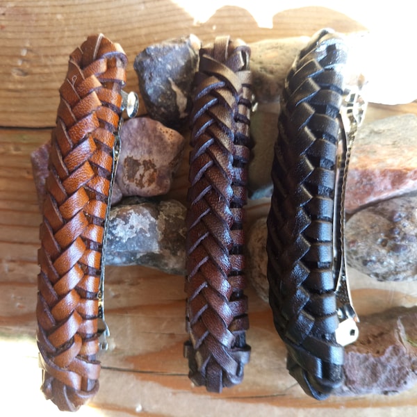 Large or Medium Handmade Leather French Barrette, Hand Braided Leather Hair Clip for Women and Girls, Hair Accessories