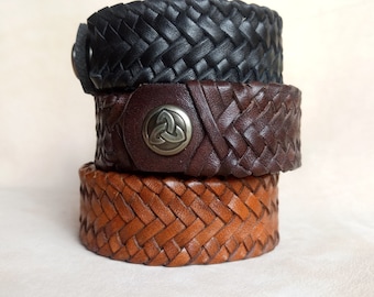 Brazalete de cuero trenzado a mano, cierre celta, ajuste personalizado