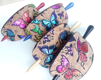 Schmetterling Kork Haarspange mit Holzstab, Leder Haarspange