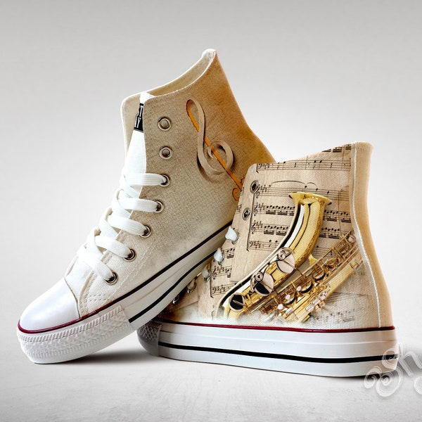 Sheet Music, Saxophone, Treble Clef, Custom Made Shoes