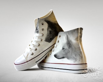 Wolf, Wild life, Black and White, Custom Made Shoes