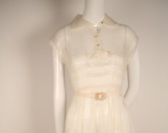 1950s Pale Pink Silk Organdy Dress with Rhinestone Buttons