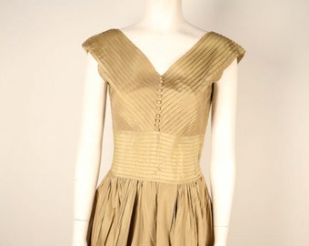 Taupe Pleated Faille Dress from 1950's